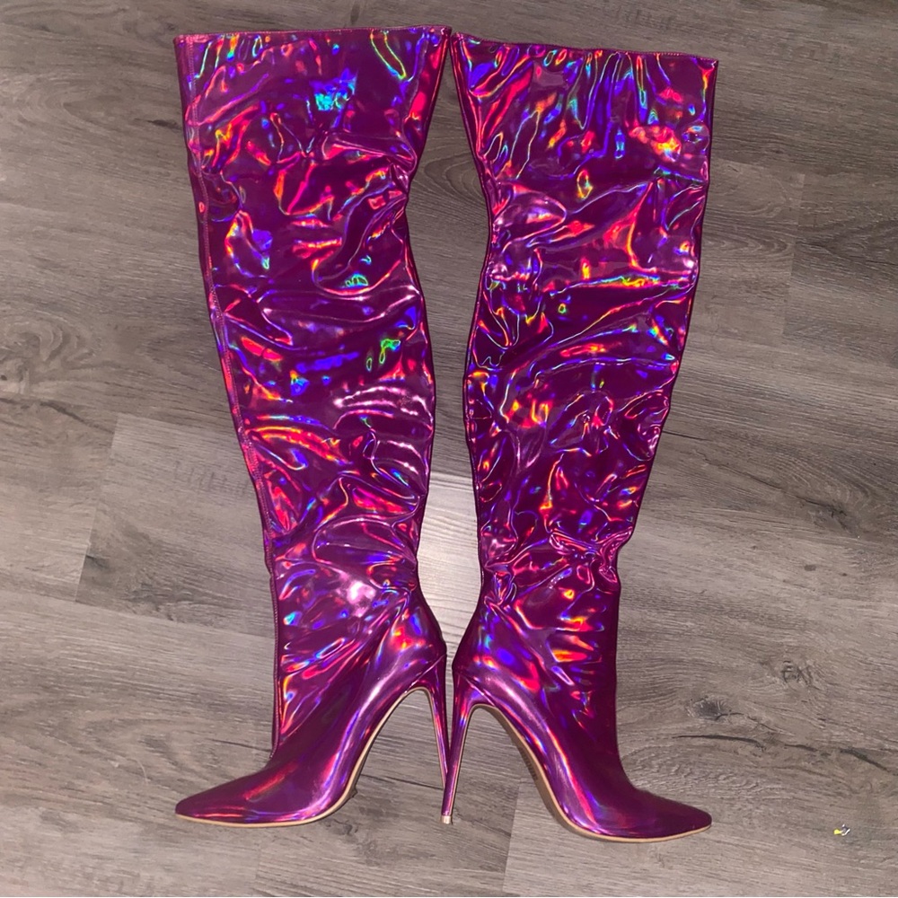 Pink Holographic Cape Robbin Thigh High Boots - Picture 2 of 7